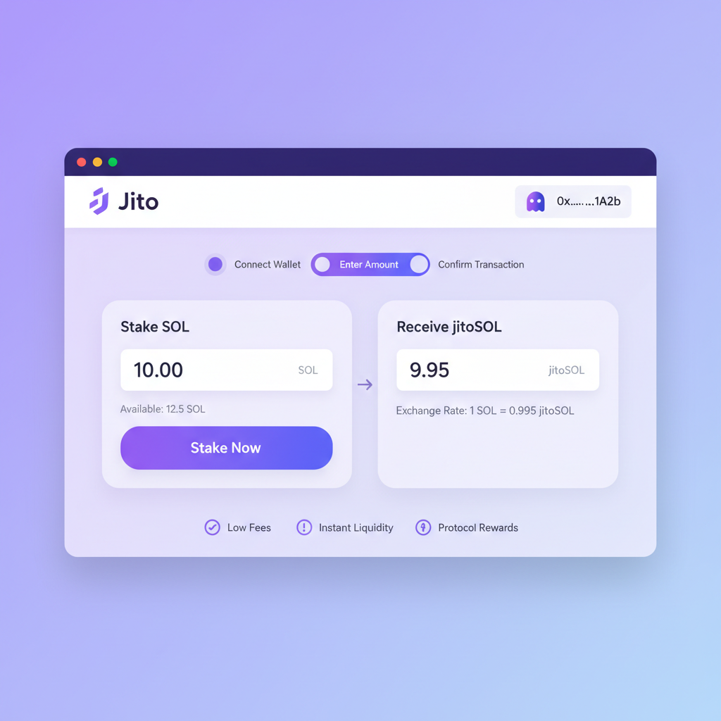 Clean UI of Jito staking dashboard with Phantom wallet connected, staking SOL to jitoSOL, Solana purple theme