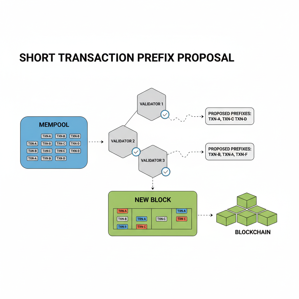 validators proposing short transaction prefixes from mempool in blockchain network, simple diagram