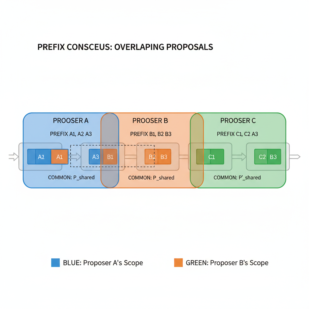diagram of overlapping transaction prefix proposals in prefix consensus, geometric blockchain visualization
