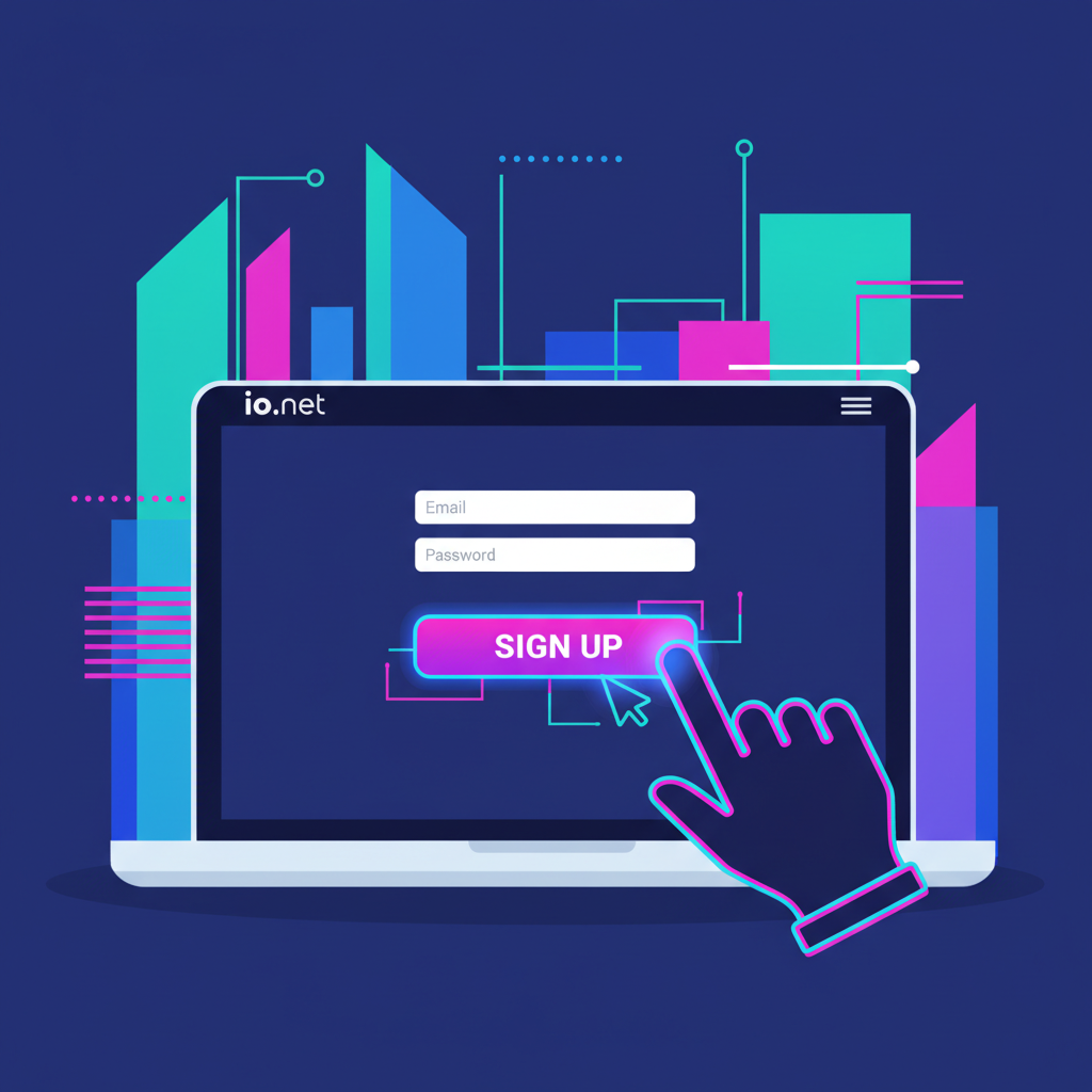vibrant io.net signup page on laptop screen, futuristic neon glow, enthusiastic user clicking sign up button, cyberpunk style
