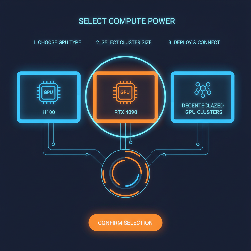 sleek dashboard selecting decentralized GPU clusters, glowing cards with H100 RTX 4090 icons, high-tech interface, dynamic energy