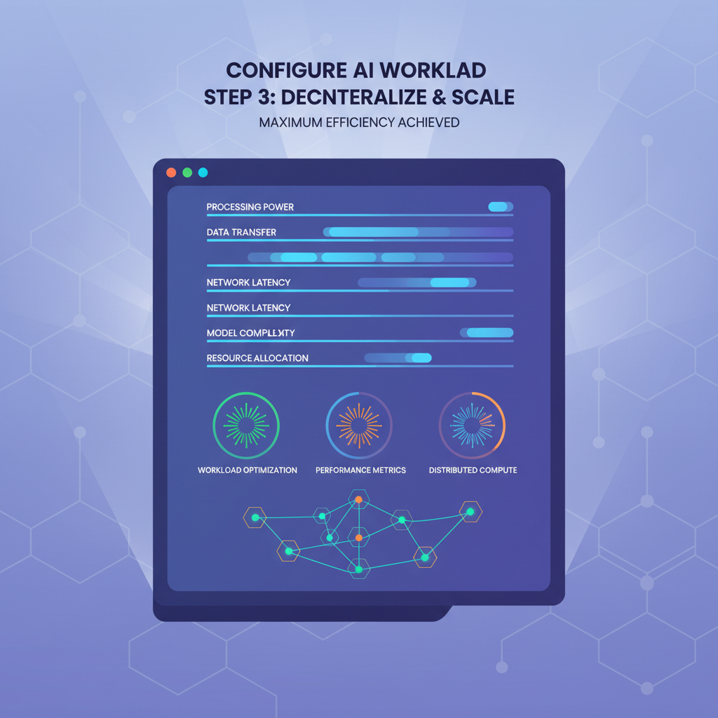 configuring AI workload sliders and settings on modern UI, graphs spiking, decentralized nodes connecting, motivational tech aesthetic
