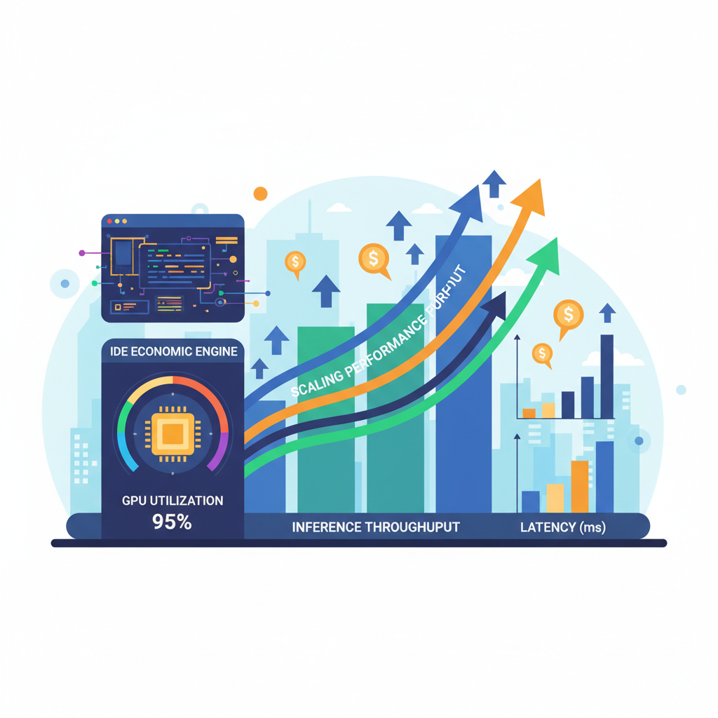 real-time dashboard monitoring GPU inference metrics, scaling graphs rising, IDE economic engine glowing, triumphant futuristic vibe