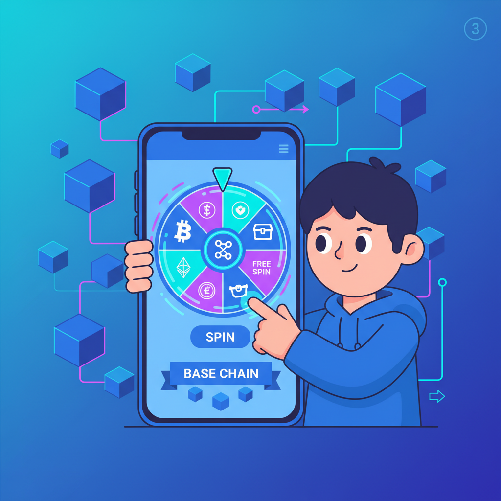 cartoon user spinning wheel in blockchain mobile app, blue base chain theme, vibrant neon lights
