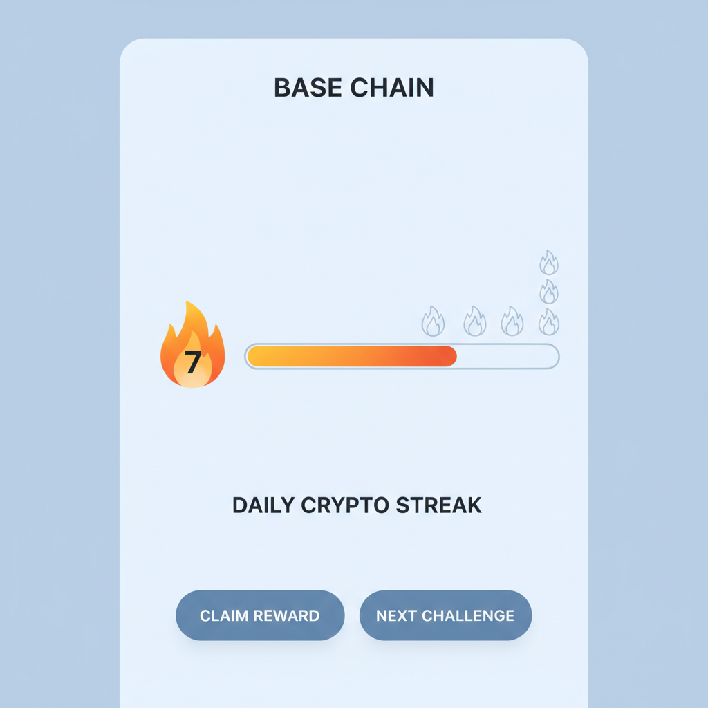 progress bar showing crypto streak counter, flame icons building up, base chain app interface