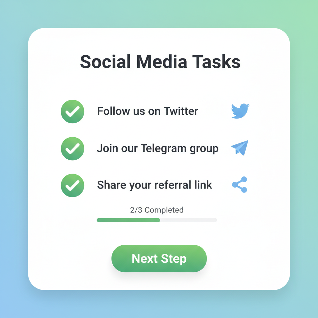 checklist of social media tasks in crypto app, green checkmarks, twitter and telegram icons