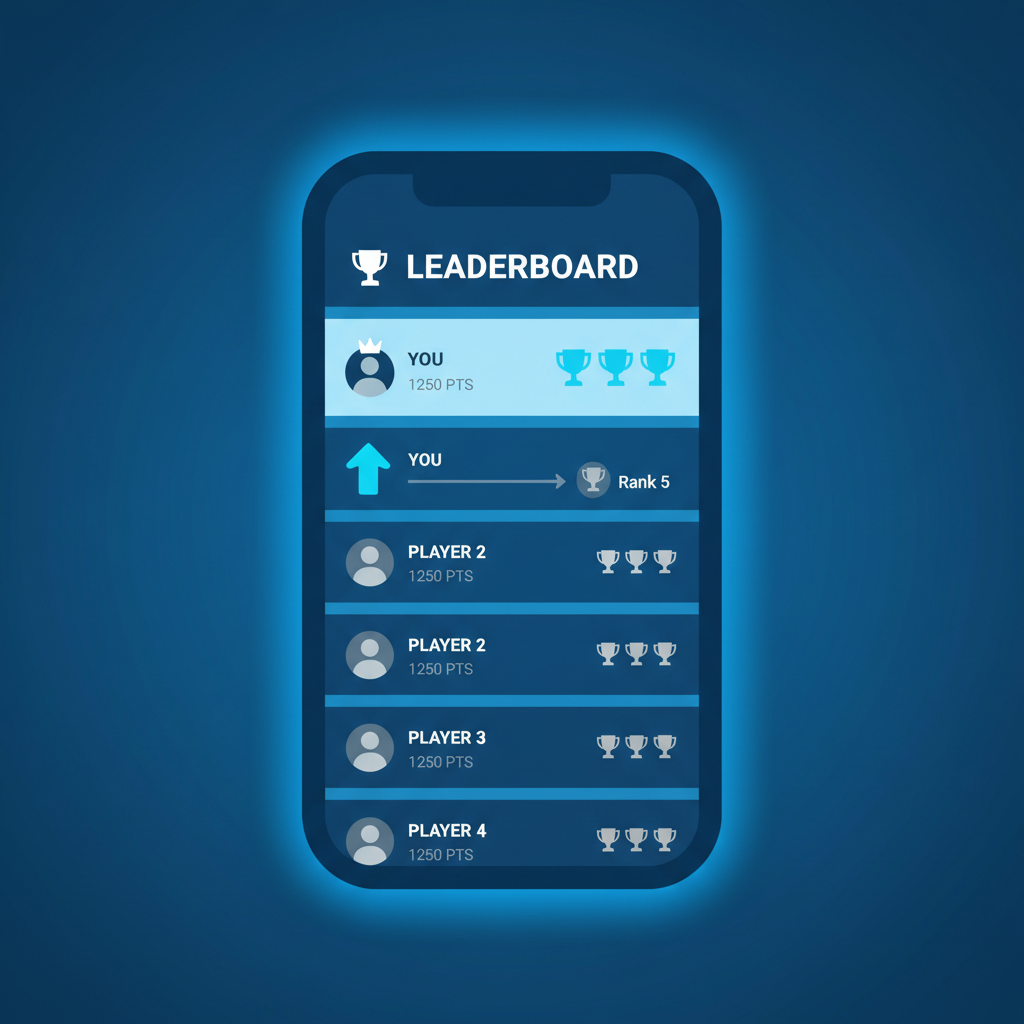 leaderboard screen in mobile app, user climbing ranks, trophy icons, blue leaderboard glow