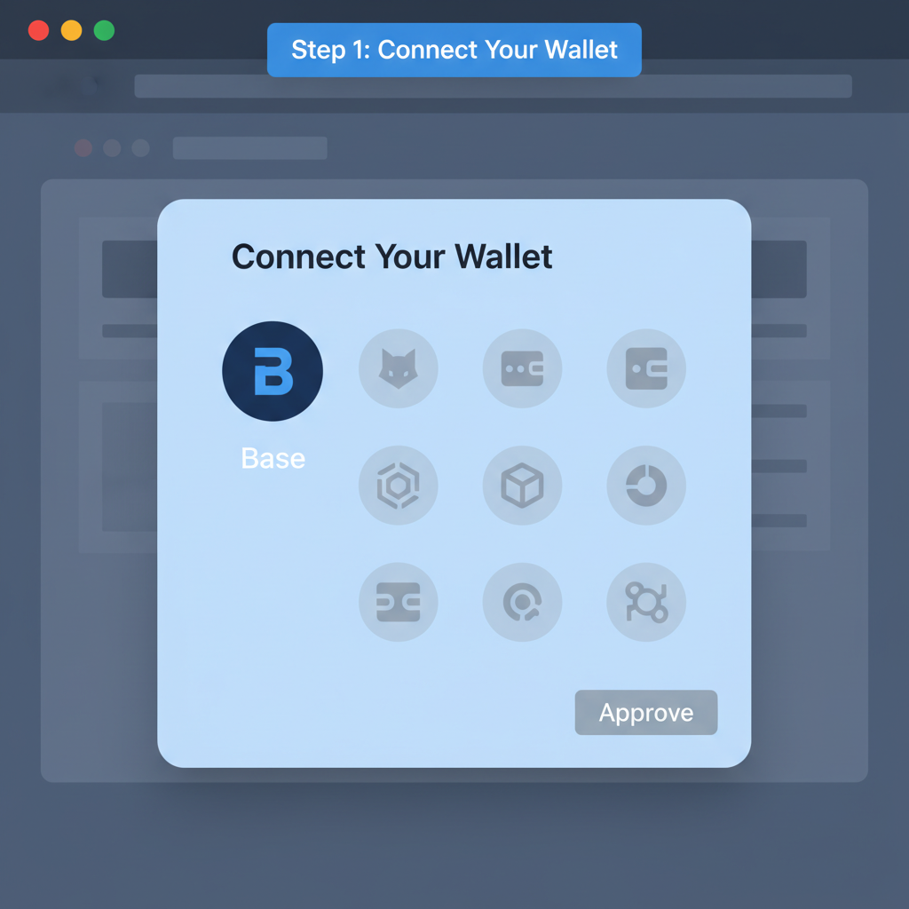 step-by-step wallet connection popup in dApp, Base wallet icon, approve button highlighted