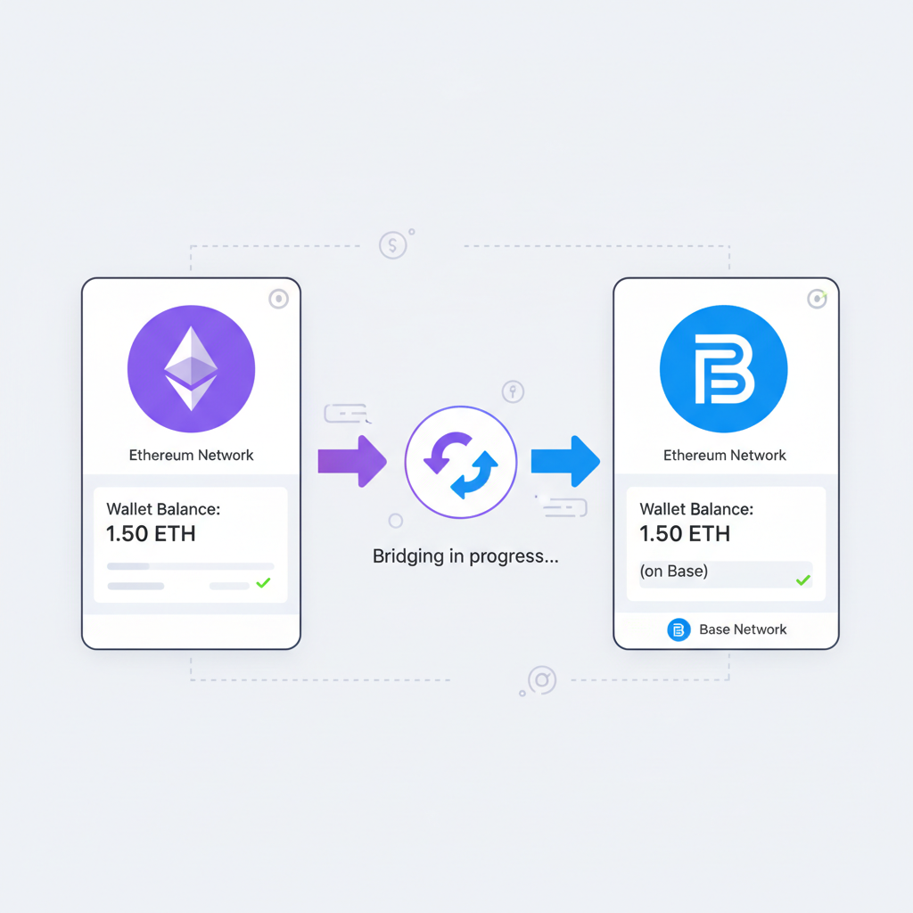 illustration of bridging ETH to Base chain wallet, wallet balance updating, network icons Ethereum to Base