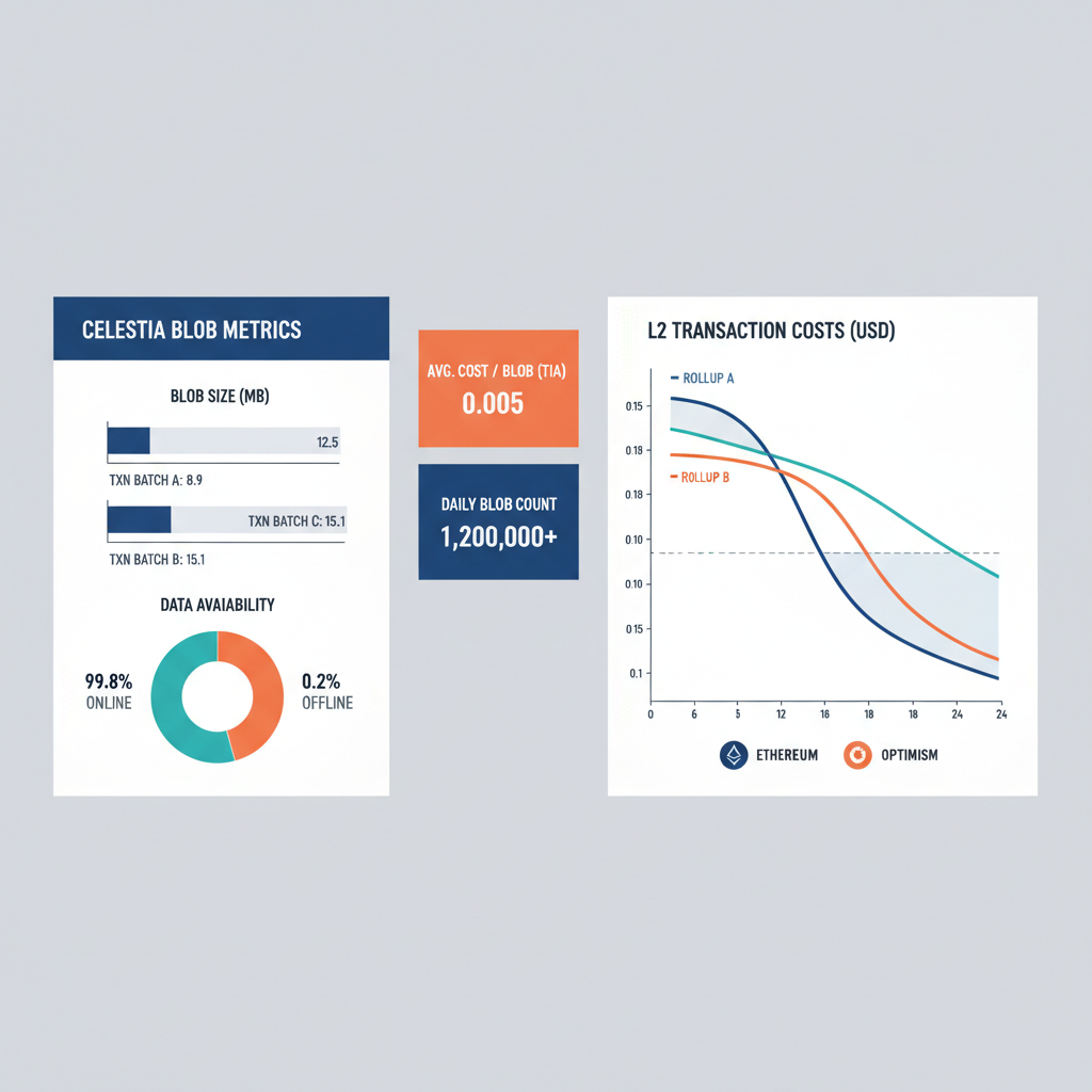 sleek trading dashboard showing Celestia blob metrics and L2 costs charts