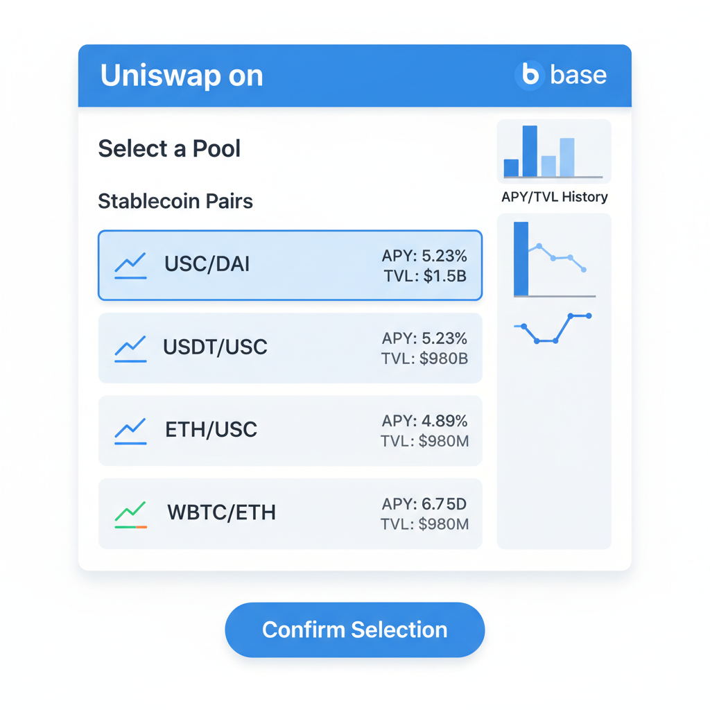 Uniswap or Aave pool selection screen on Base, stablecoin pairs highlighted, charts showing APY and TVL