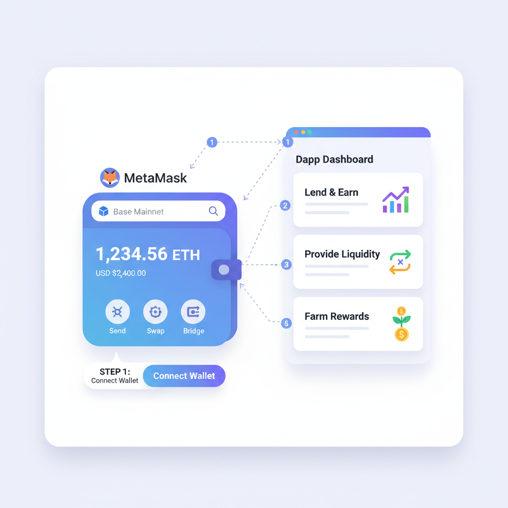 Clean MetaMask wallet interface connected to Base blockchain network, DeFi app dashboard, beginner-friendly UI