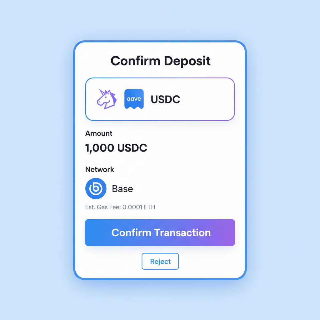 Deposit interface on Uniswap V3 or Aave supply screen, USDC transaction confirmation, Base chain logo
