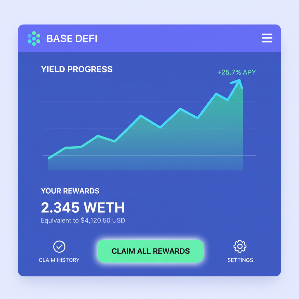 Rewards claiming dashboard on Base DeFi app, yield graph rising, claim button highlighted