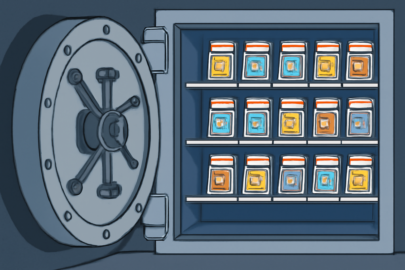 High-security vault door opening to reveal graded Pokémon cards on shelves