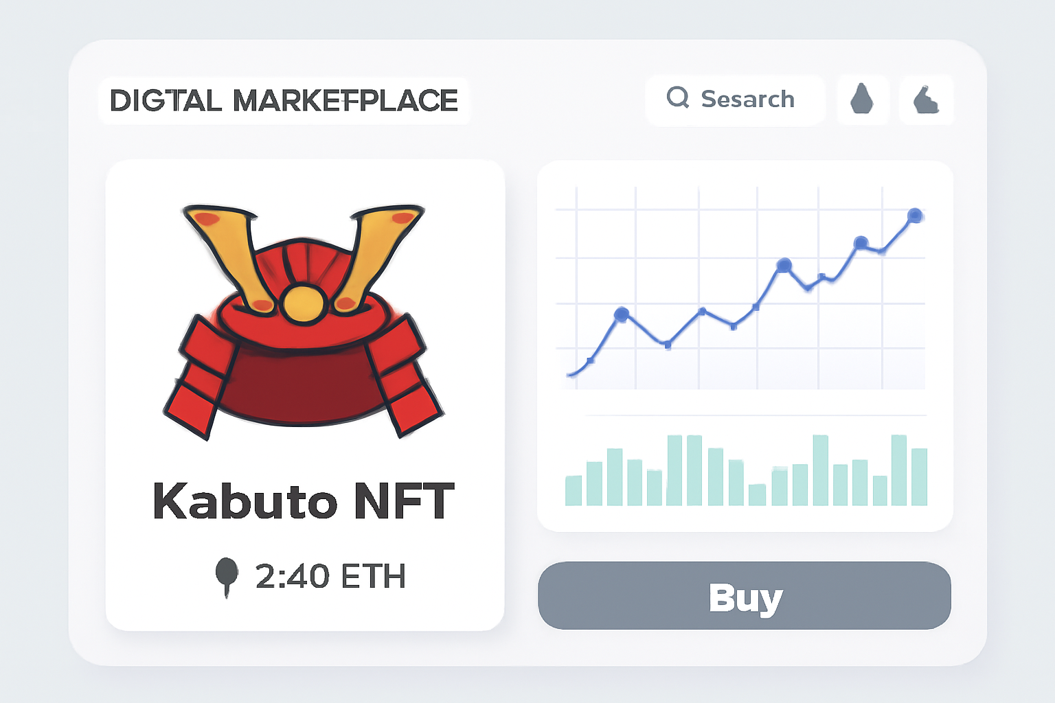 Digital marketplace interface listing Kabuto NFT with trading charts