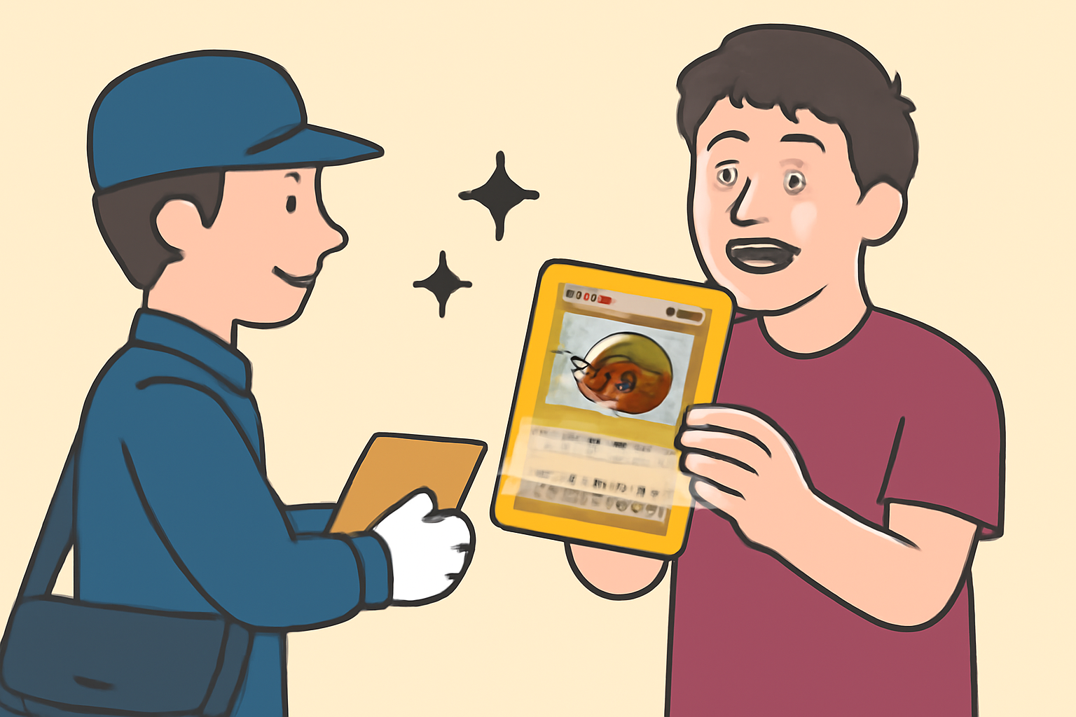 Collector happily receiving physical Kabuto Pokémon card from secure delivery