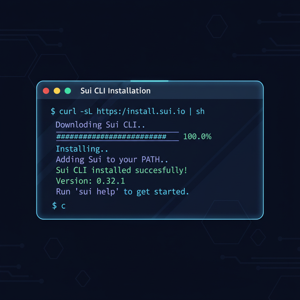 sleek terminal window installing Sui CLI on dark background, code output, futuristic blockchain vibe
