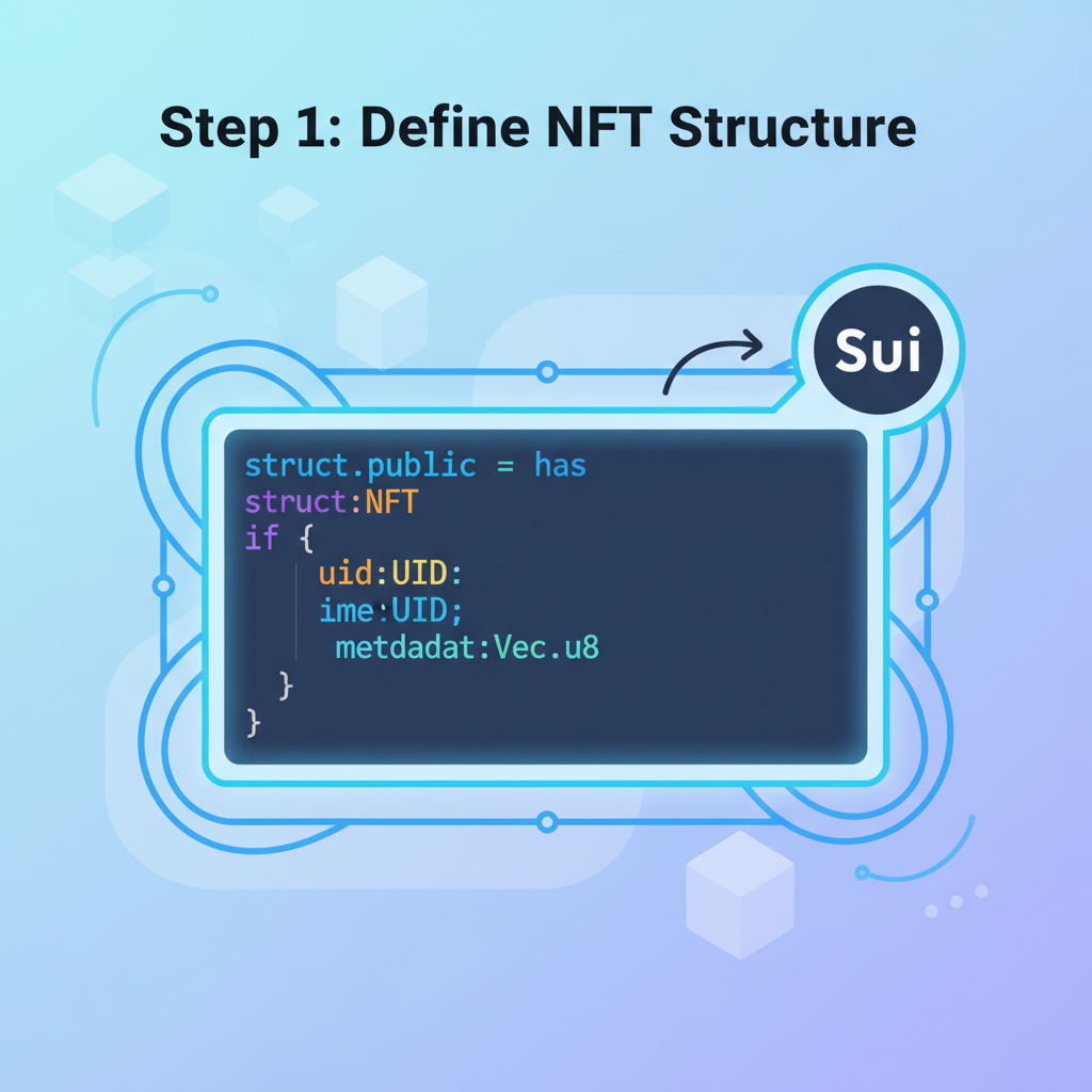 Move code snippet defining NFT struct with UID and metadata fields, highlighted syntax, Sui blockchain theme