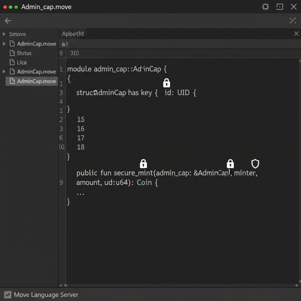 code editor showing AdminCap and secure mint function in Move, locks and shields icons, professional dark mode