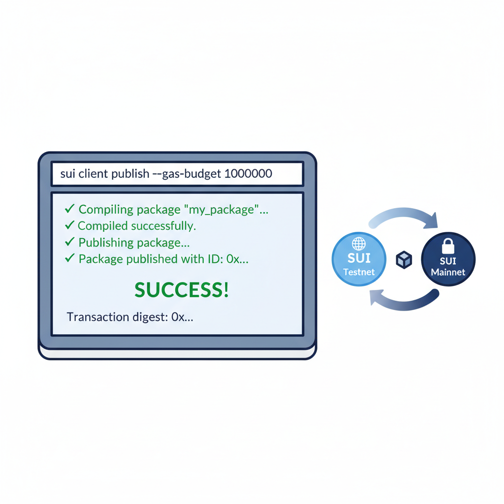 terminal deploying Sui package to blockchain, success messages, network icons for testnet to mainnet
