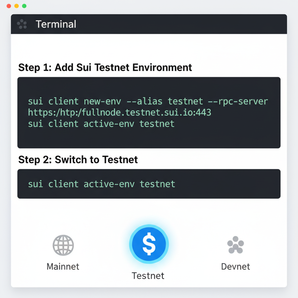 terminal commands adding Sui testnet env and switching, network icons testnet highlighted
