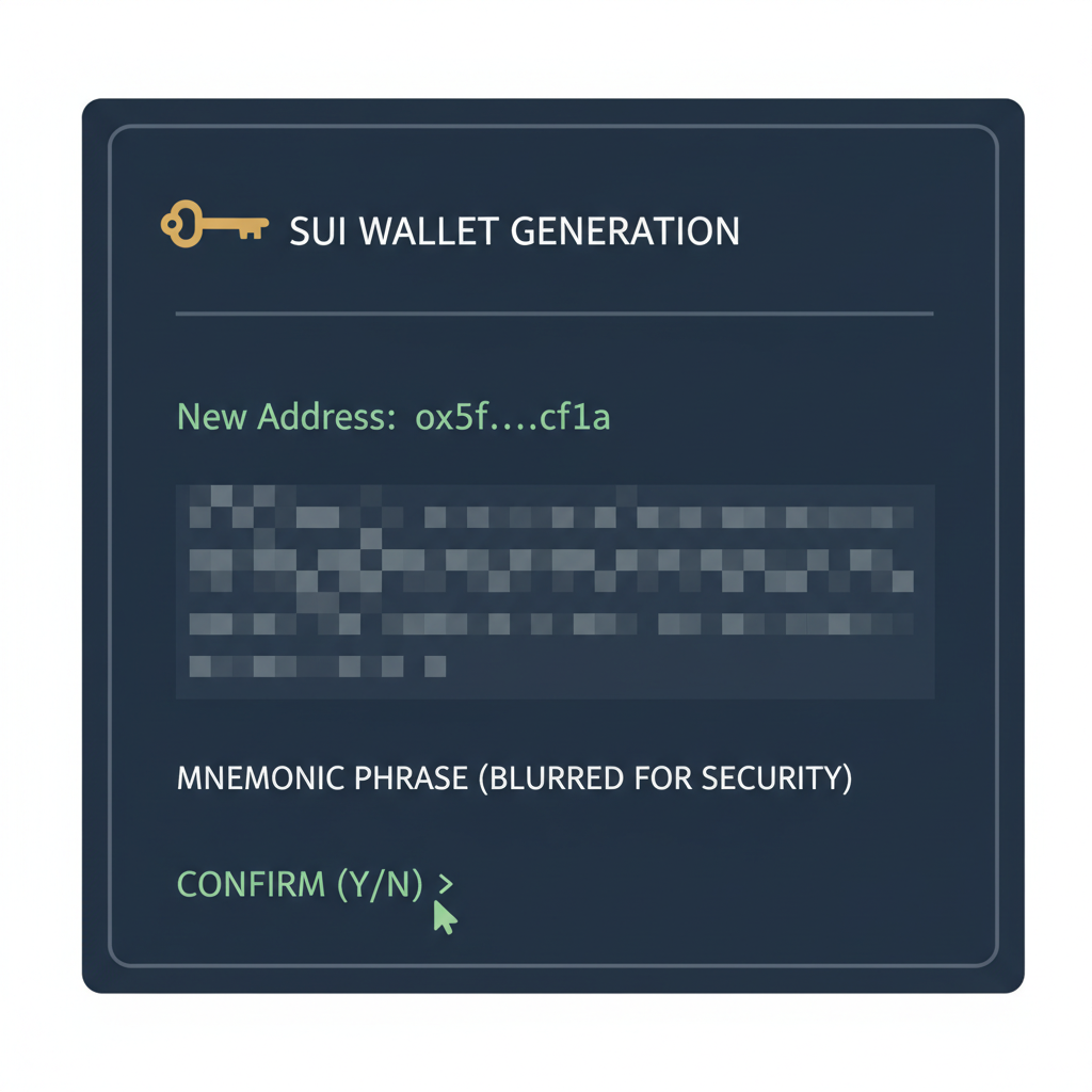 terminal generating new Sui wallet address with mnemonic phrase blurred for security, key icon