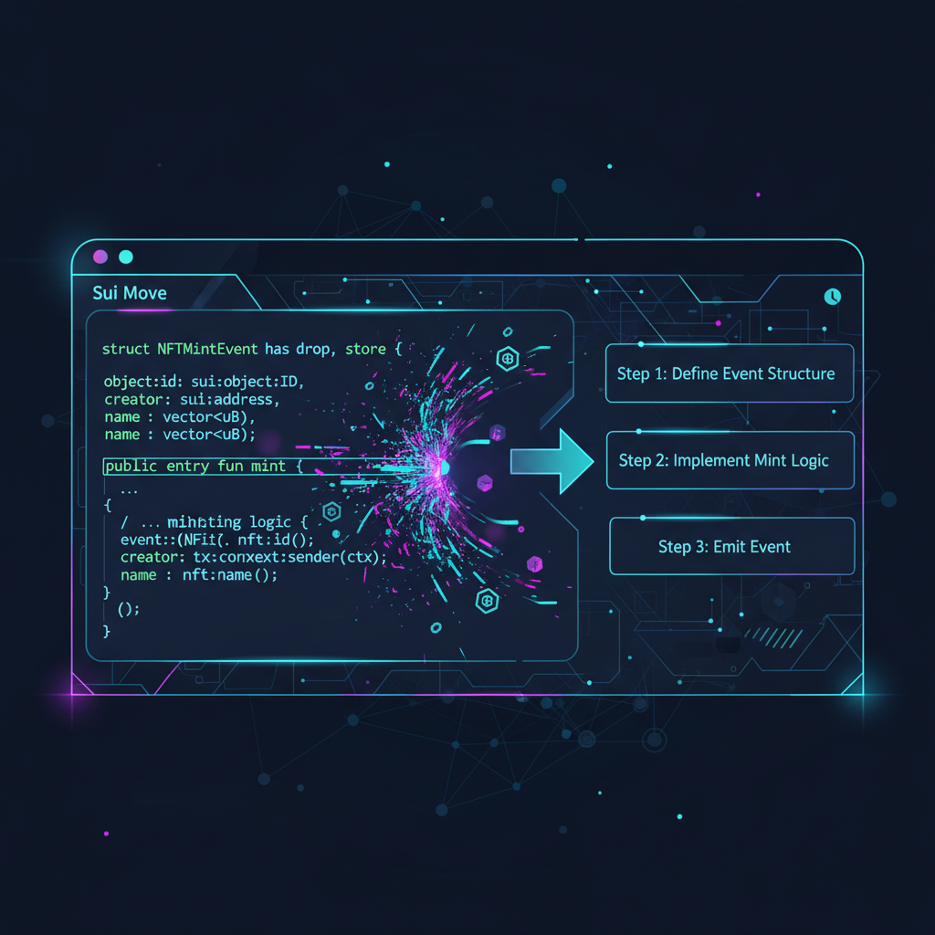 Sui Move code snippet emitting NFT events, glowing event particles, dark futuristic UI