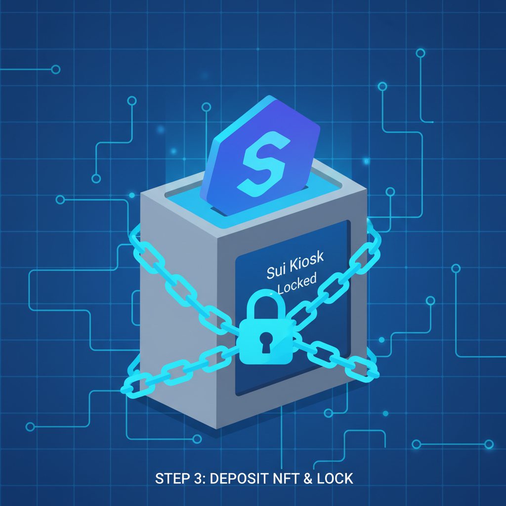 NFT depositing into locked Sui Kiosk, chain links securing object, blockchain grid background