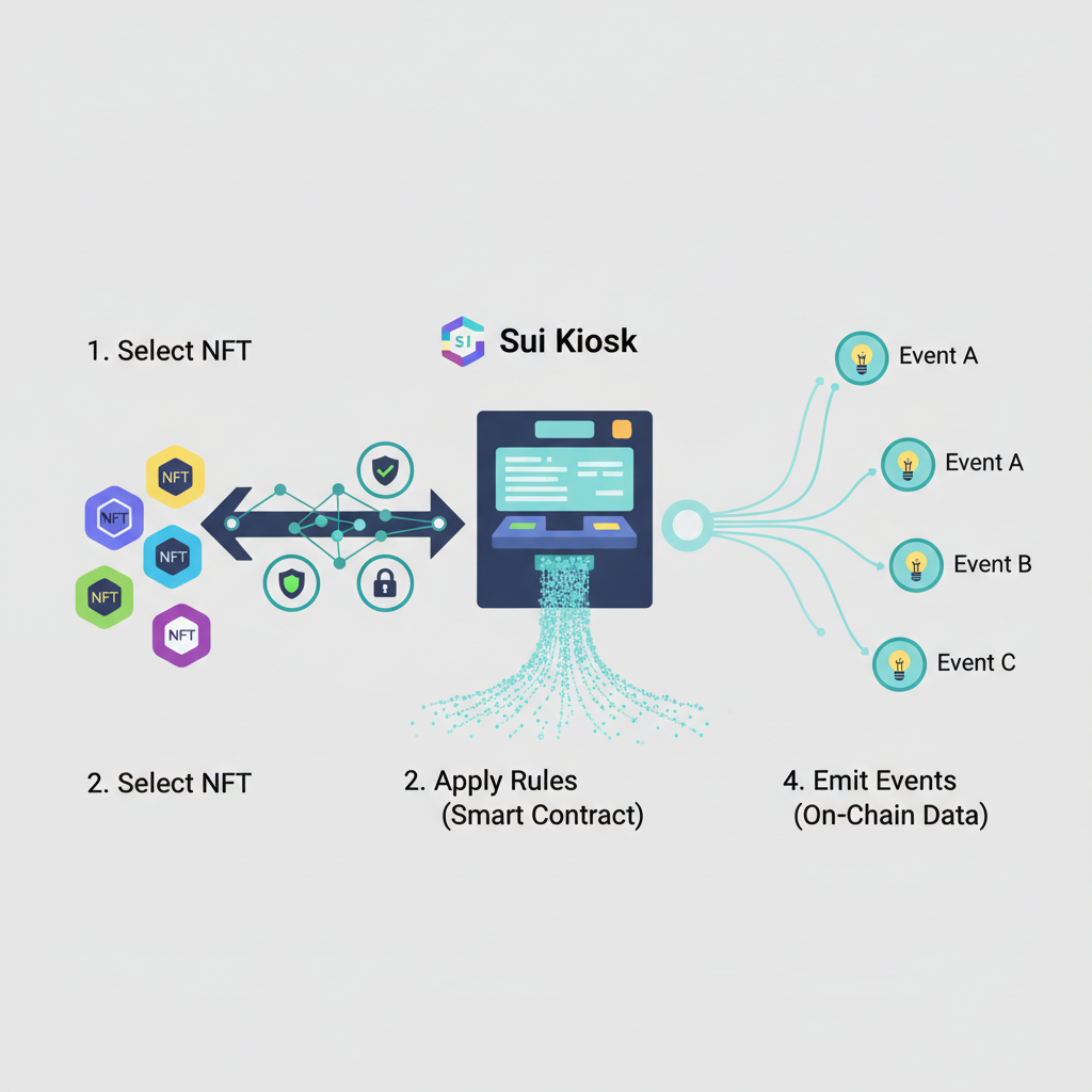 NFT transferring via Sui Kiosk with event emission, arrow path locked by rules, data flow visualization