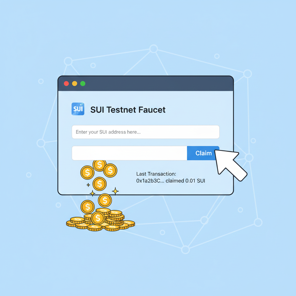 browser faucet page with address input and claimed SUI transaction, coins pouring in animation