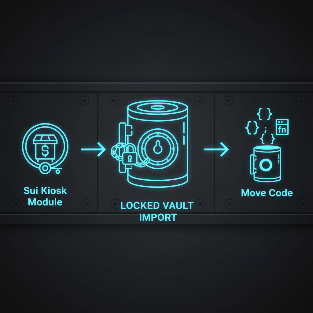 Sui Kiosk module icons importing into Move code, locked vault aesthetic, neon blue tones
