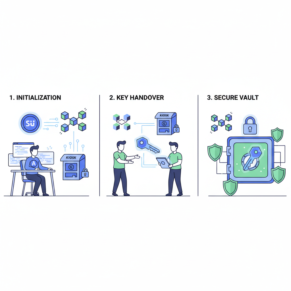 Admin initializing Sui Kiosk on blockchain, capability key handover, cyber secure vault