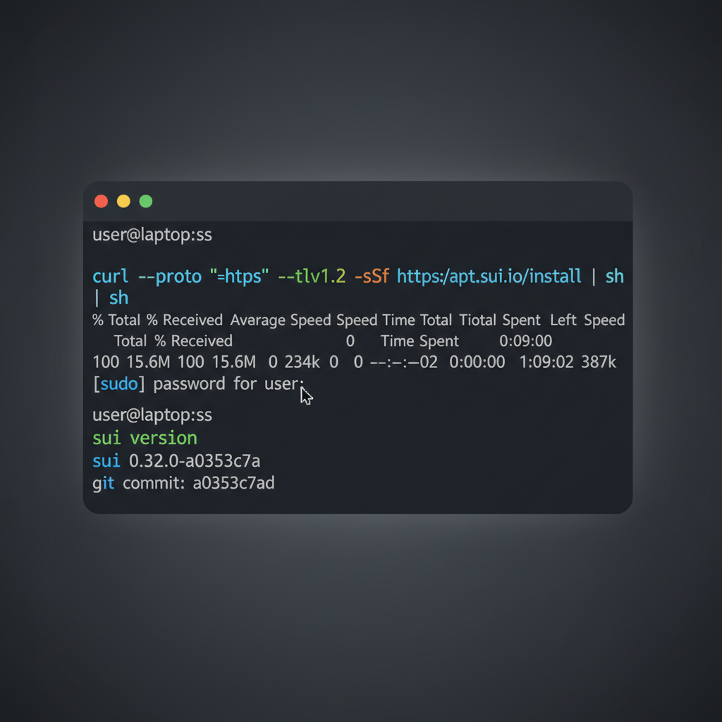 terminal window executing curl download and sui version command, dark theme, code syntax highlight