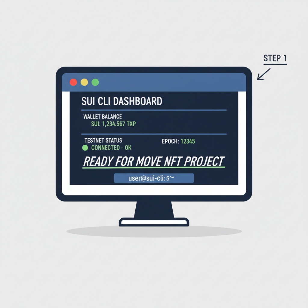 Sui CLI dashboard showing wallet balance, testnet status green, ready for Move NFT project