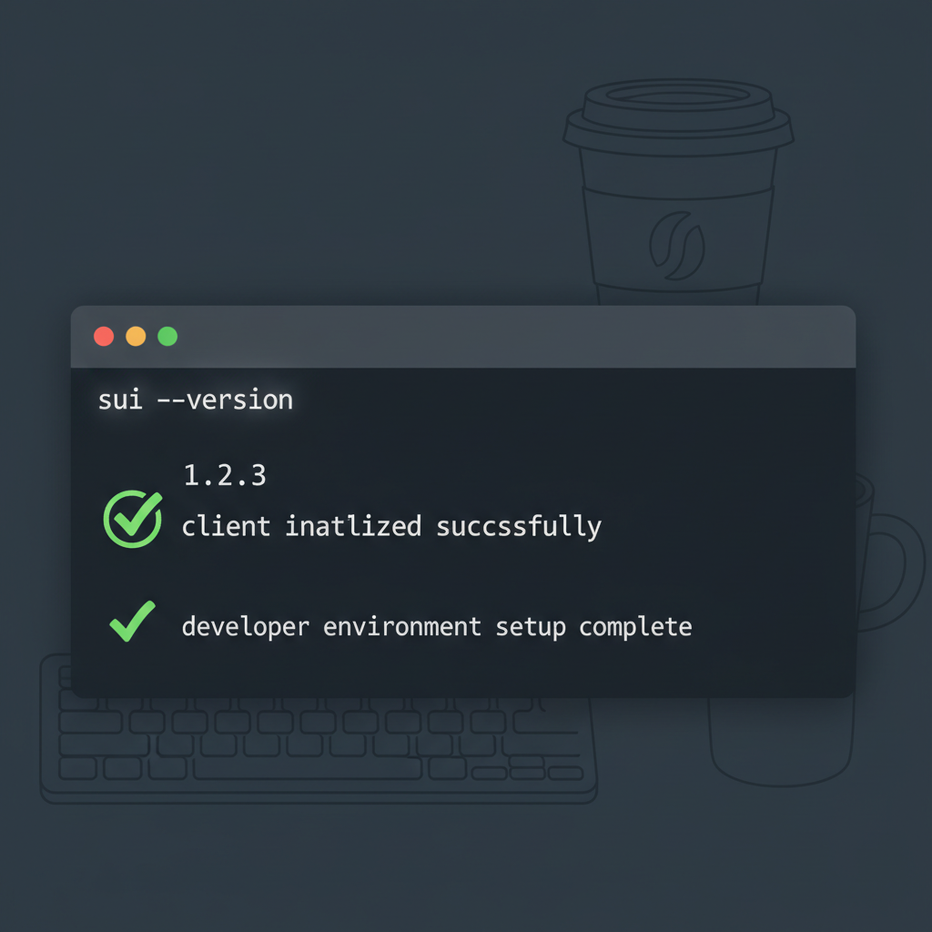 command line terminal showing sui --version output and successful client init, green checkmarks, developer setup vibe