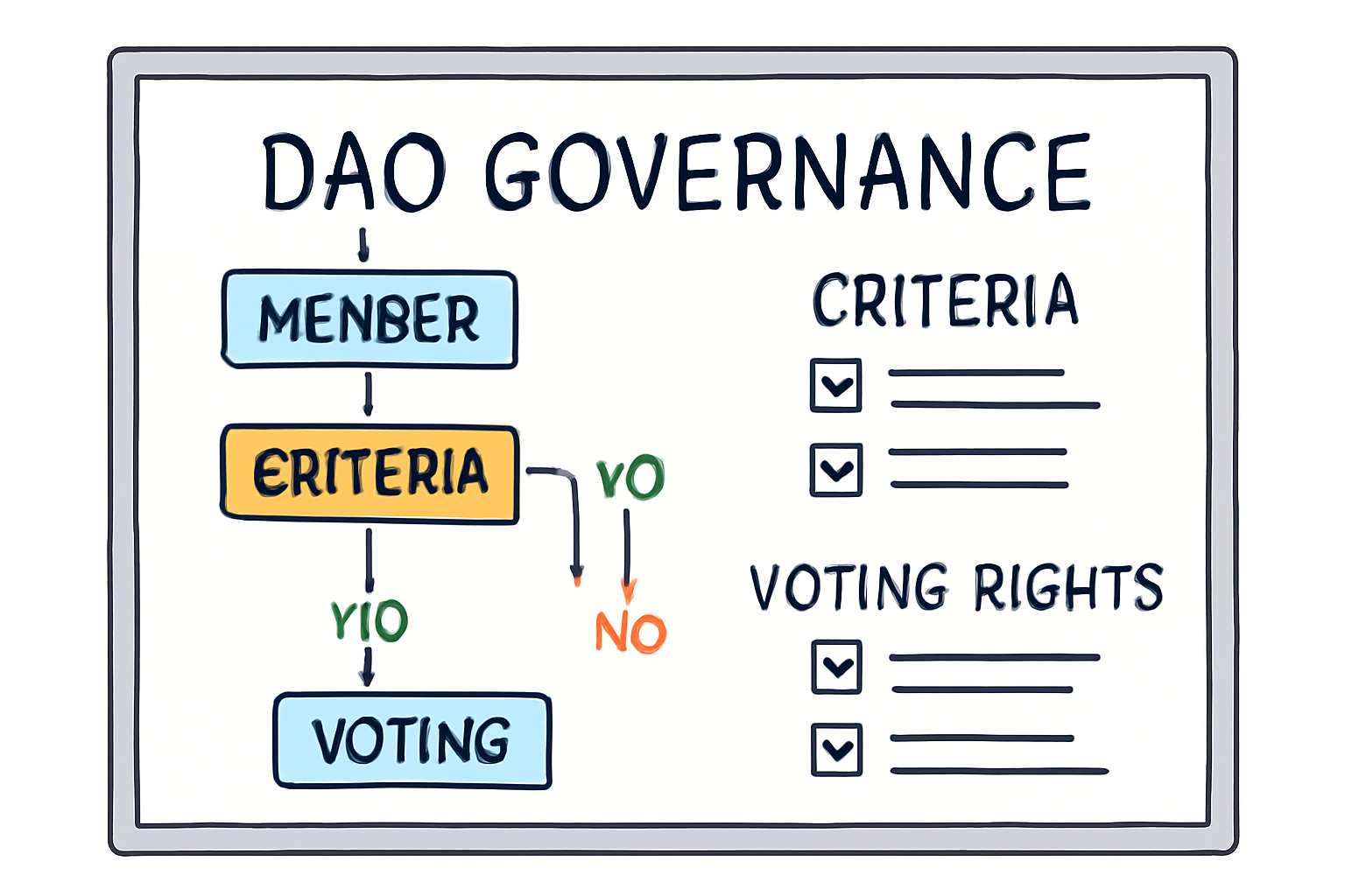a digital whiteboard with flowcharts and checklists representing DAO governance criteria and voting rights