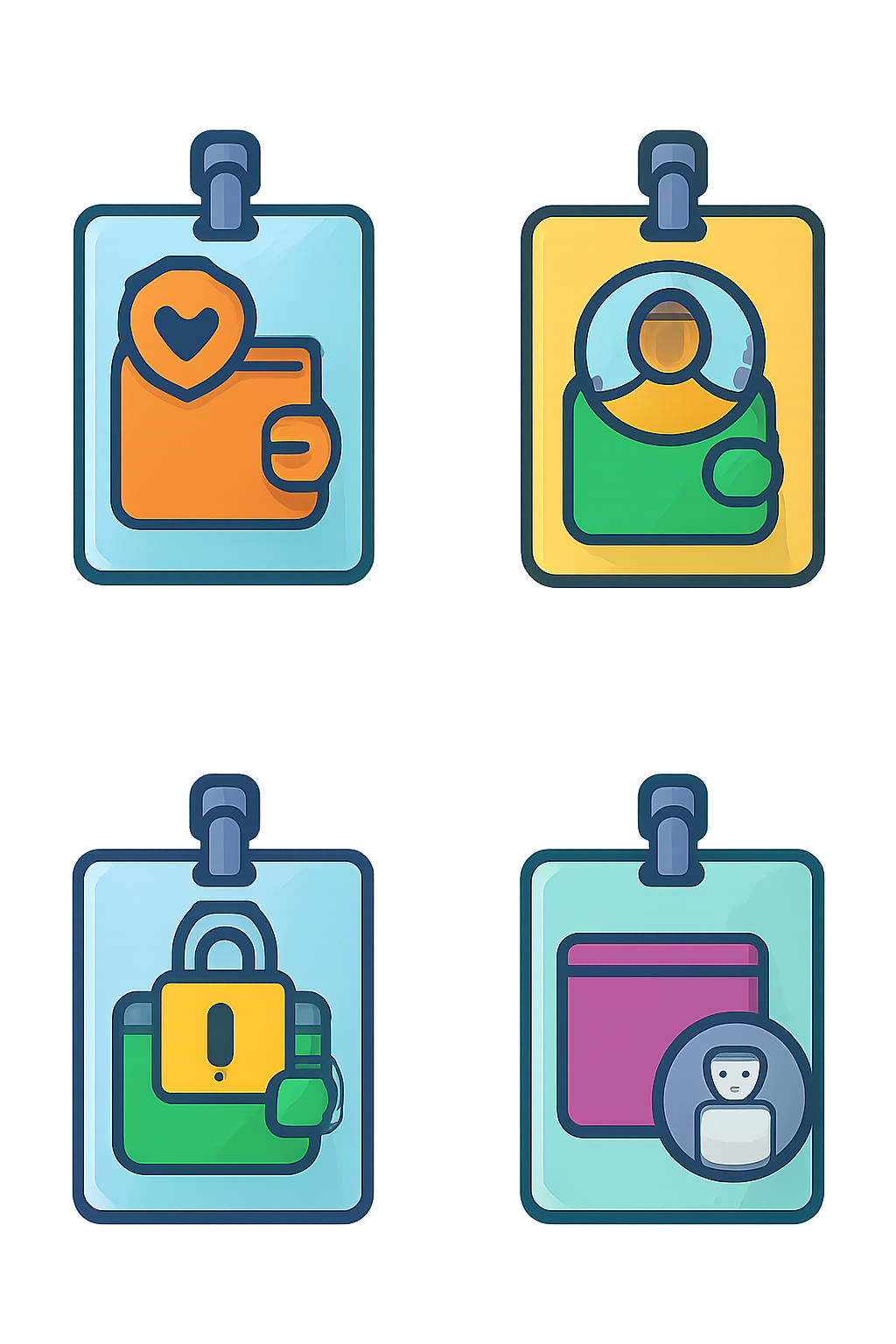colorful digital badges with unique designs, each linked to a digital wallet, symbolizing security and identity