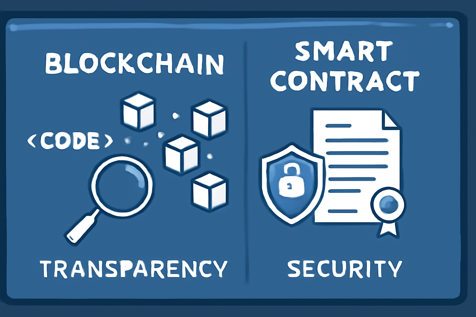 blockchain code and smart contract diagrams on a digital screen, highlighting transparency and security