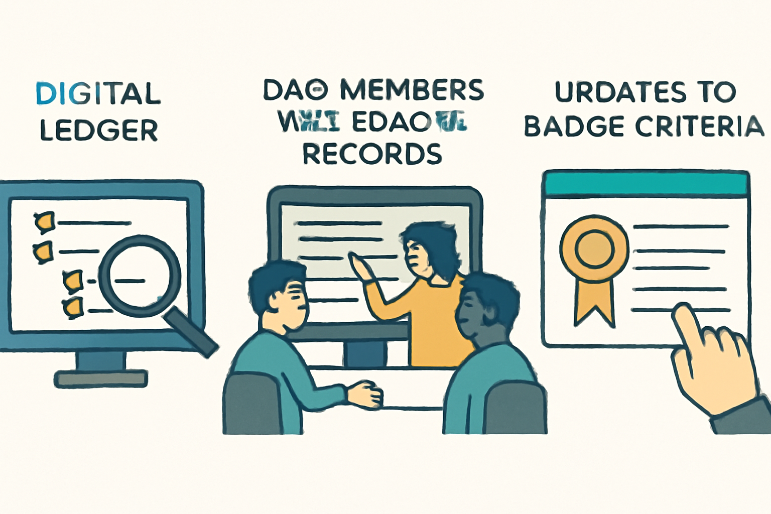 a digital ledger with audit trails, DAO members reviewing records, and updates being made to badge criteria