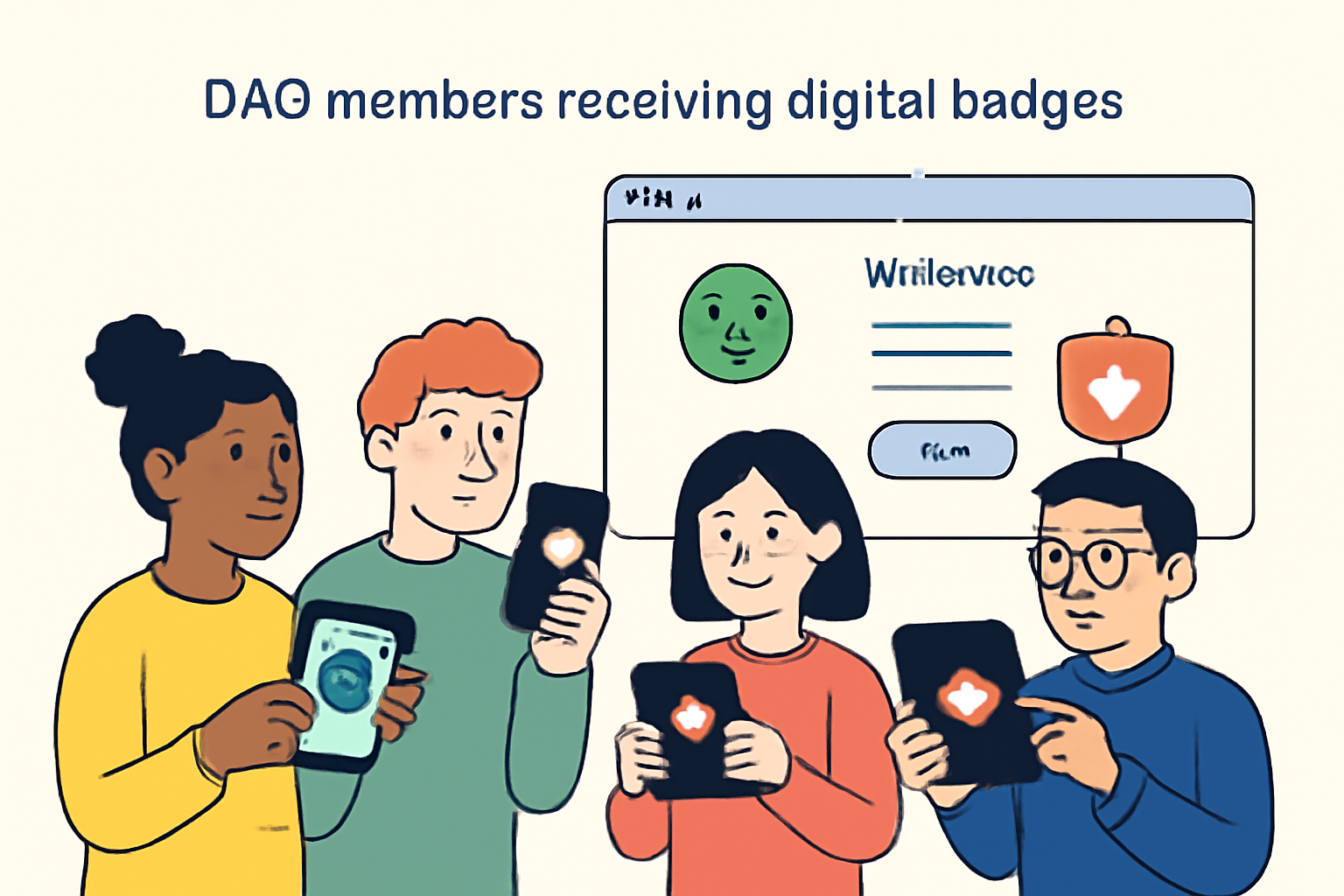 a group of diverse DAO members receiving digital badges on their devices, with a friendly onboarding interface