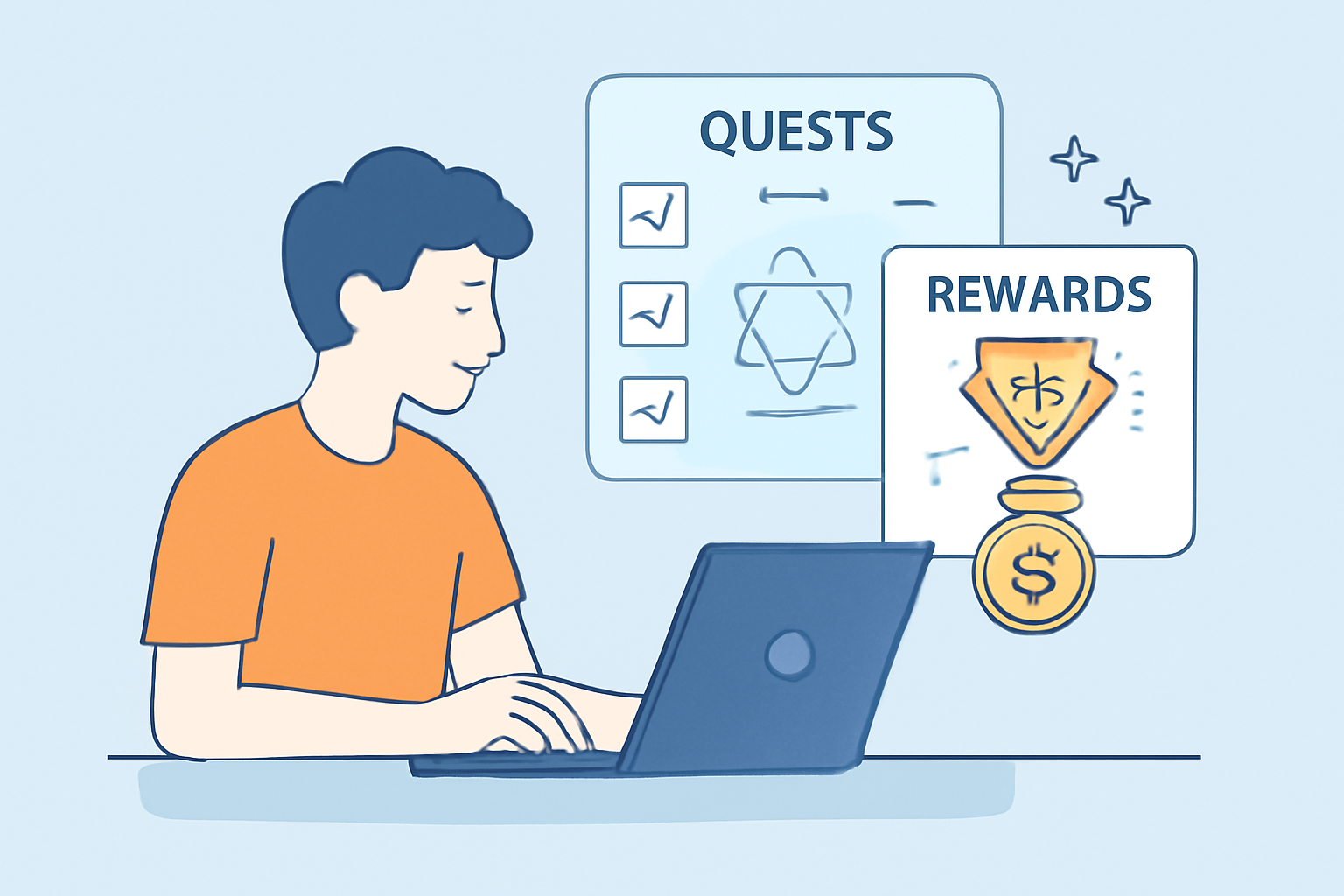 player completing quests on blockchain platform, holographic interface, rewards popping up