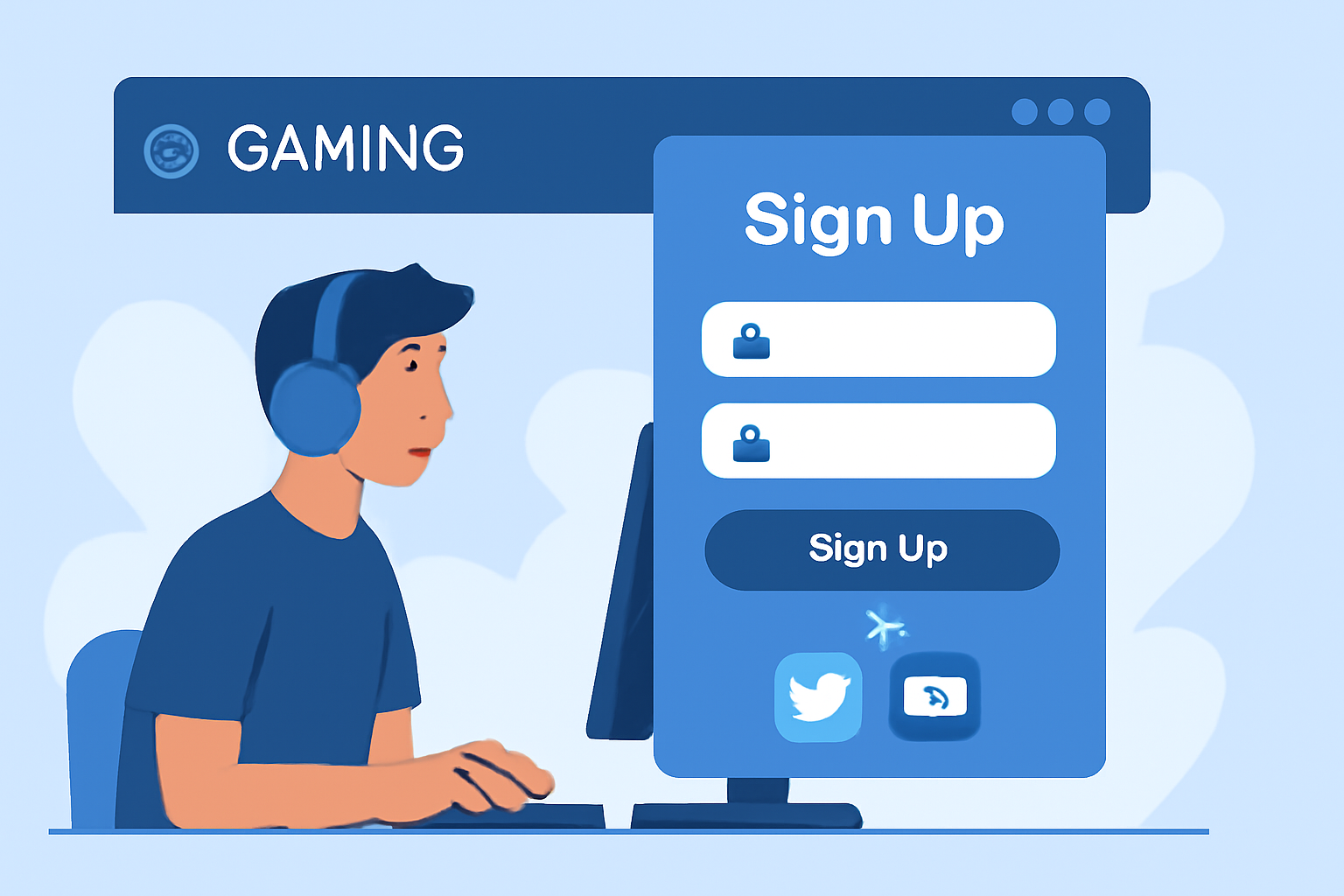 user signing up on gaming website with twitter discord icons, modern ui, blue tones