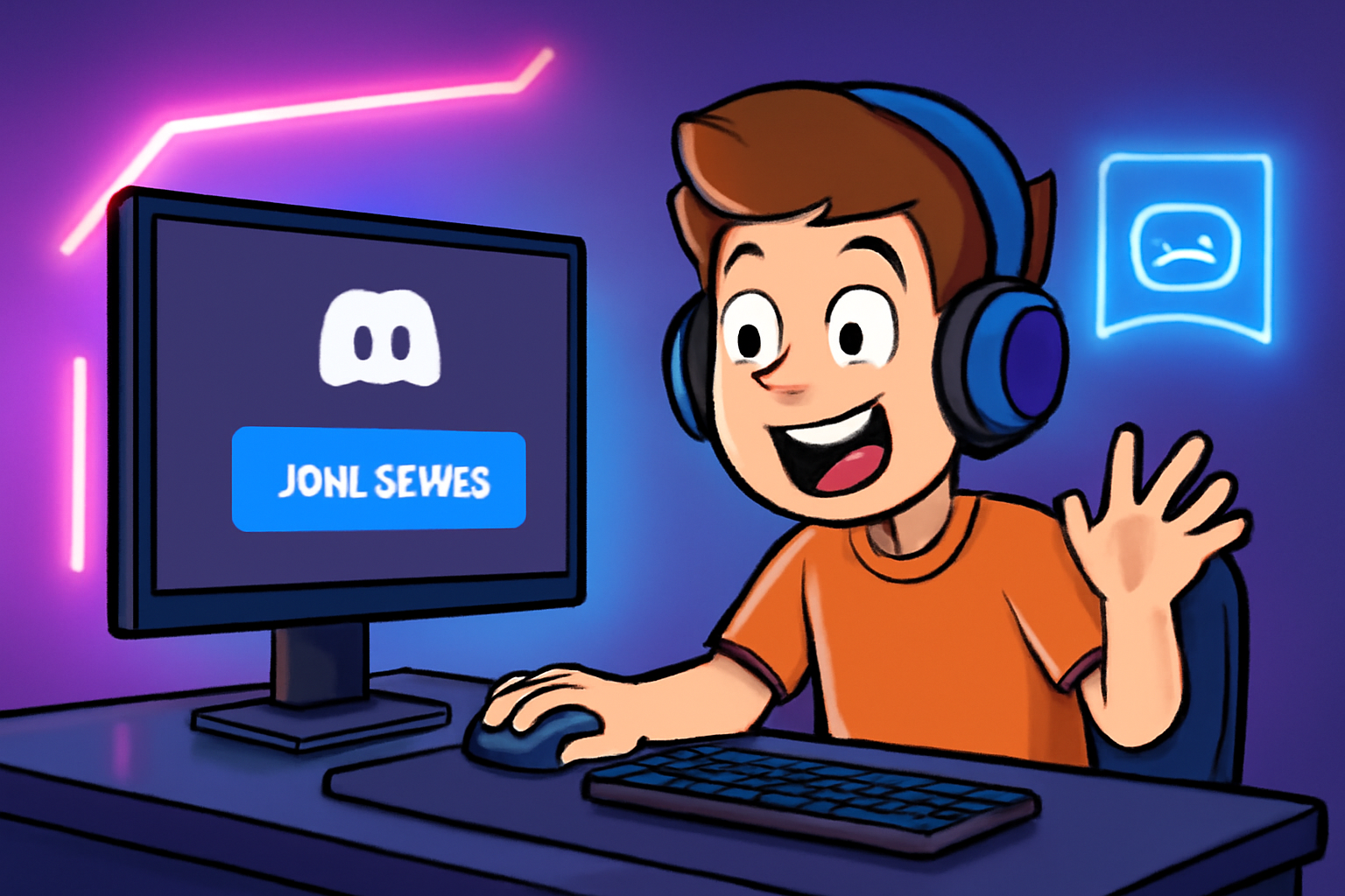 cartoon gamer joining discord server on computer, neon lights, excited expression