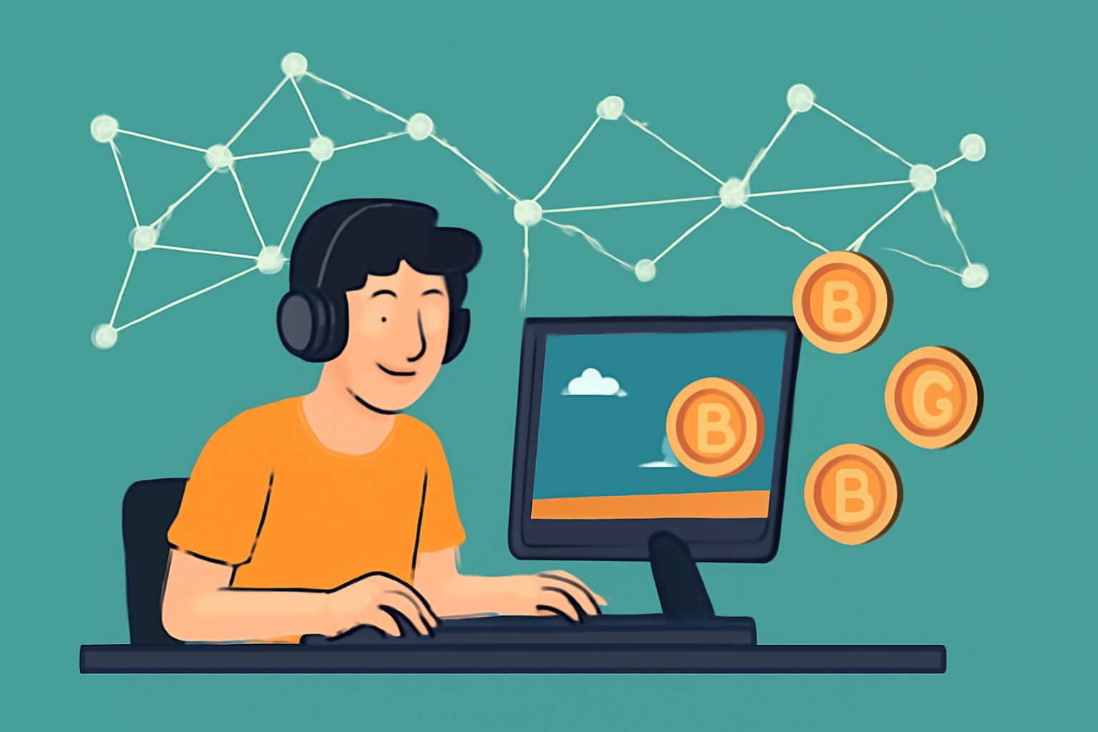 gamer playing onchain game earning crypto rewards, blockchain network visualization