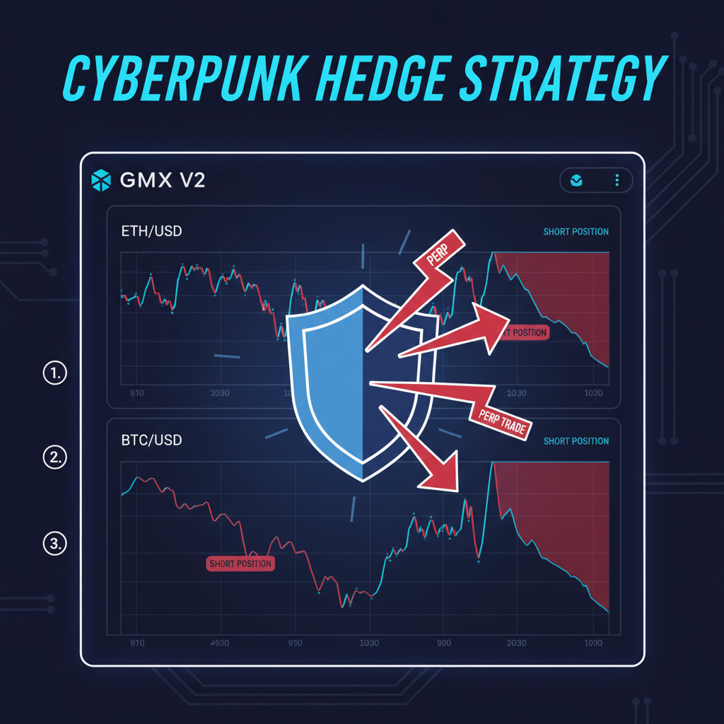 crypto trader hedging perps on GMX V2, charts showing short positions ETH BTC, Arbitrum network