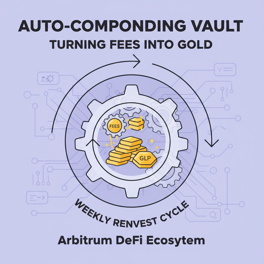 automated yield vault compounding GLP fees, glowing charts auto-reinvesting, Arbitrum DeFi