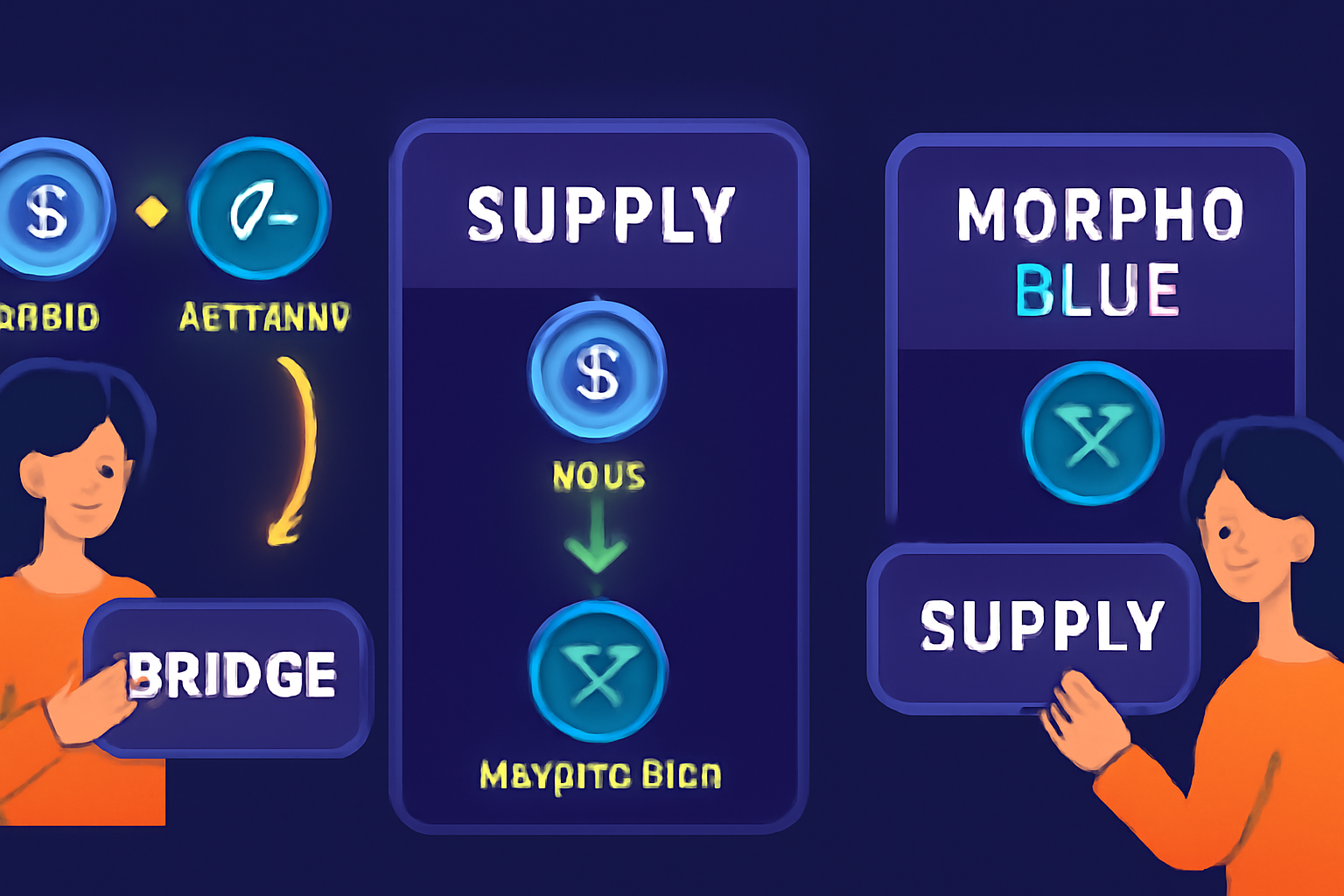 User bridging USDC to Arbitrum and supplying to Morpho Blue pool, vibrant DeFi interface, crypto bridges glowing