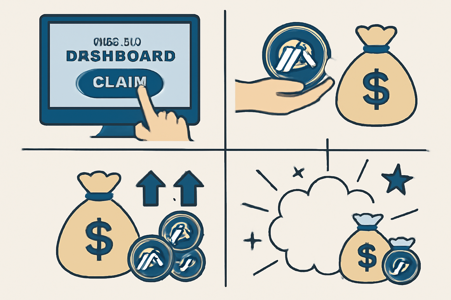 Claiming ARB rewards on Arbitrum dashboard, compounding yields, reward explosion graphics
