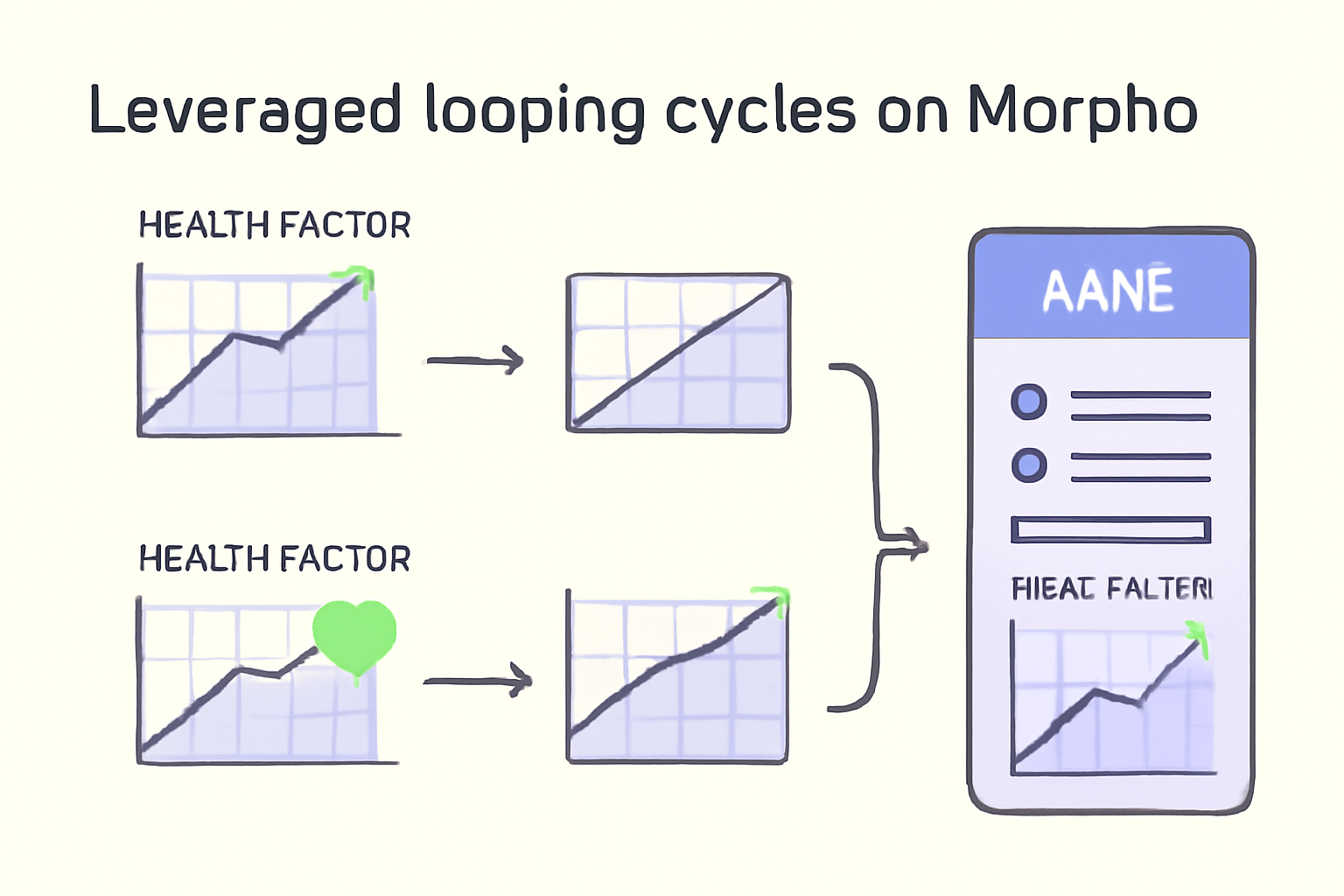 Leveraged looping cycles on Morpho, 3-5x repetition, health factor charts, Aave monitoring sidebar